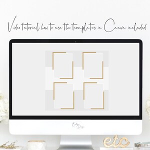 Op de afbeelding: Een computerscherm met een Canva-sjabloon met vier gouden frames op een lichtgrijze achtergrond. De tekst "Video tutorial over het gebruik van de sjablonen in Canva inbegrepen" staat bovenaan het scherm.