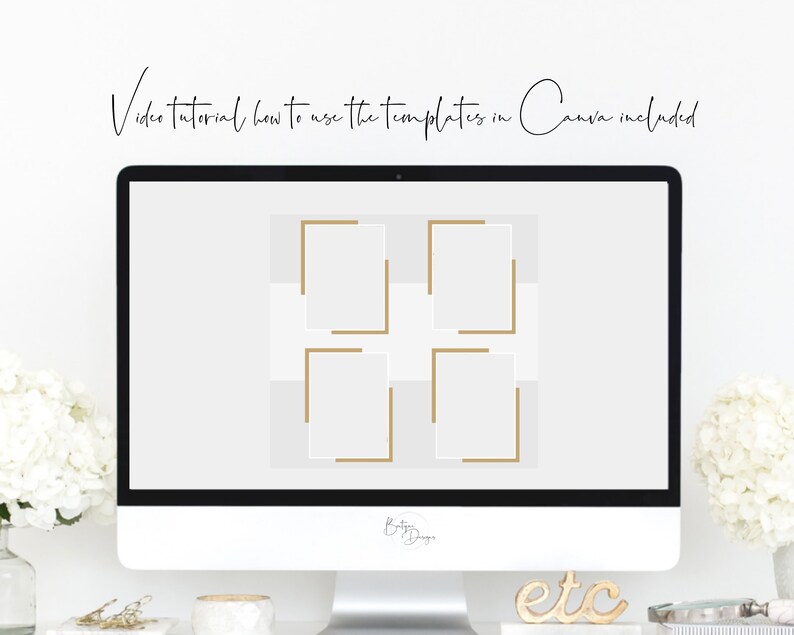 Op de afbeelding: Een computerscherm met een Canva-sjabloon met vier gouden frames op een lichtgrijze achtergrond. De tekst "Video tutorial over het gebruik van de sjablonen in Canva inbegrepen" staat bovenaan het scherm.
