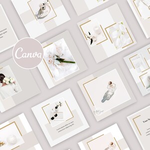 Op de afbeelding: Een verzameling social media sjablonen met een wit en gouden kleurenschema. De sjablonen bevatten afbeeldingen van bloemen, parfumflesjes en een vrouw in een wit shirt. De tekst "Canva" is zichtbaar in het midden van de afbeelding.