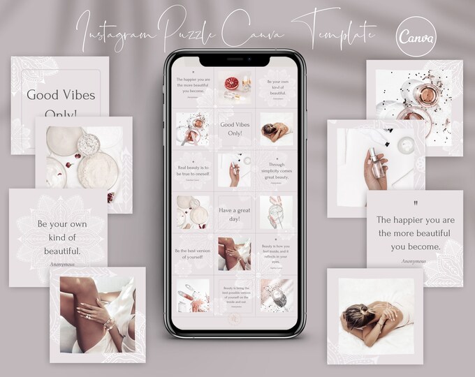 Instagram Puzzle Template for Canva | 18 Grid Instagram Posts Template, Blogger Template, Beauty Canva Template, Pink Template, Puzzle Grid