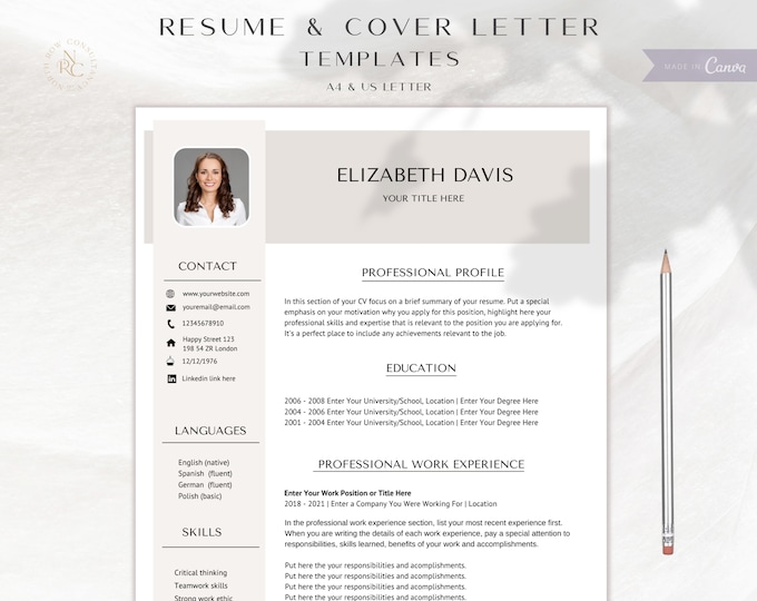 Professional Resume Templates, Cover Letter Template, CV Template for Canva with photo, Modern Resume Template, Motivational Letter, CV