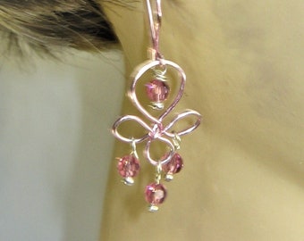 purely pink dangle earrings for women, handmade pink wire beaded earrings, pink earrings