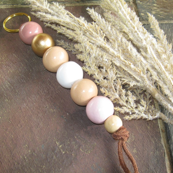 women's large bead key chain split ring. large wooden beads. soft neutral color wood beads. gold, pink. cream. white. gold leather suede