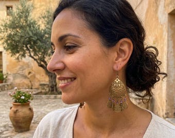 Gold Aztec Chandelier Earrings: Lilac Czech Glass, Filigree Dangles