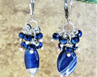 navy crystal cluster earrings for women, banded navy agate, cluster navy glass earrings