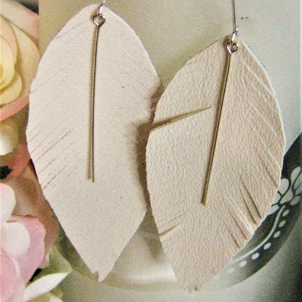 fringed feather earrings/fringed feather earrings for girls and women/faux white leather. ivory feather. feather earrings.