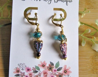 Fantasy Czech earrings for women, wire wrap earrings, blue and purple earrings, fantasy earrings