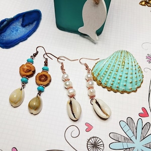 Cowrie shell pearl earrings, Czech flower cowrie shell.  your choice of two pair handmade cowrie shell. copper. beach wedding for the bride