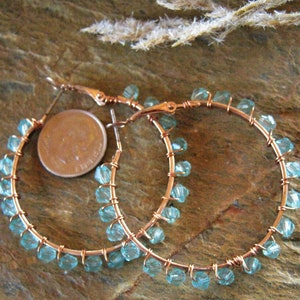 Handmade Aqua Green Beaded Copper Hoop Earrings