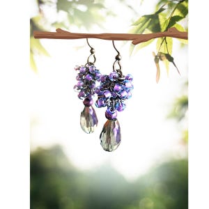 Earrings,Purple Glass Cluster : Teardrop Dangles, Seed Beads