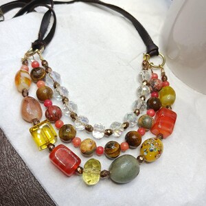 Handmade Jasper Coral Tiger Eye Necklace: Deerskin 3-Strand Gemstone Beaded Necklace