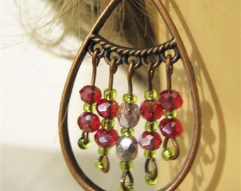 bohemian chandelier earrings for women, bohemian earrings, boutique jewelry . copper. red beads. earlobe earring. handmade