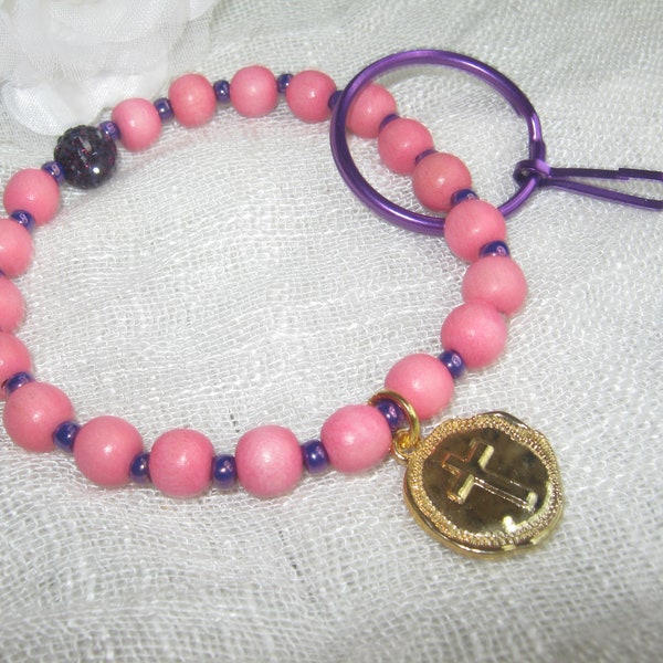 pink purple key wristlet bracelet, stretch wooden bracelet, key keeper for women