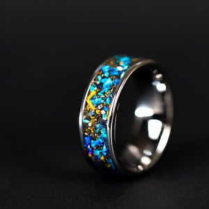 Velociraptor Dinosaur Bone Ring and Meteorite Ring with Men's Tungsten Wedding Band