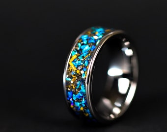 Velociraptor Dinosaur Bone Ring and Meteorite Ring with Men&#39;s Tungsten Wedding Band