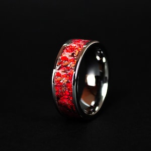 T-Rex Meteorite Glow Ring with Red Opal and Tungsten Wedding Band