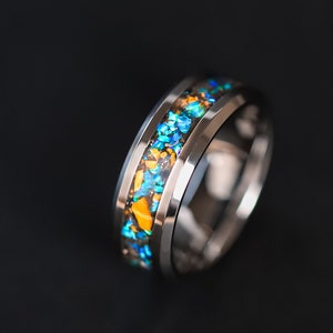 Meteorite Ring and Velociraptor Ring with Blue Opal, Men's Tungsten Wedding Band