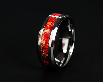 Velociraptor Dinosaur Bone Ring and Meteorite Ring made with Meteorite and Dinosaur Bone - Red Tungsten