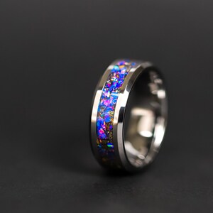 Colorful Triceratops Dinosaur Bone Ring and Meteorite Ring made with Meteorite and opal, Men&#39;s Tungsten Ring