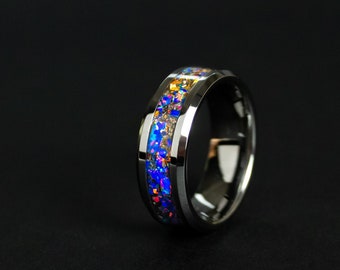 Velociraptor Dinosaur Bone Ring and Meteorite Ring made with Meteorite and Dinosaur Bone - Purple/Blue