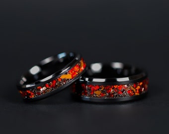 Couples Meteorite and Velociraptor Bone Wedding Rings, Couples Meteorite Dinosaur Bone Wedding Bands Red