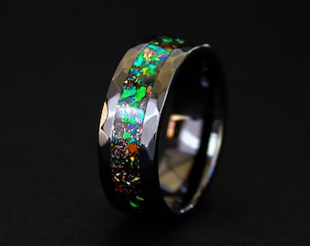 Black Meteorite Ring for wedding with T-Rex Bone