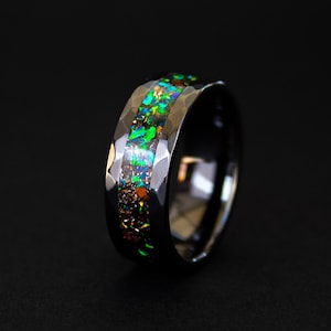 Black Meteorite Ring for wedding with T-Rex Bone