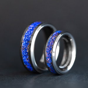 Couples Meteorite Wedding Rings, Couples Meteorite Ring Set made with real meteorite, Midnight Blue