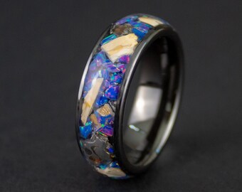 Anello colorato meteorite e anello in osso di dinosauro Fascia nuziale unica