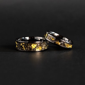 Couples Meteorite Wedding Rings Gold, Couples Meteorite Wedding Bands Pair 24K Gold