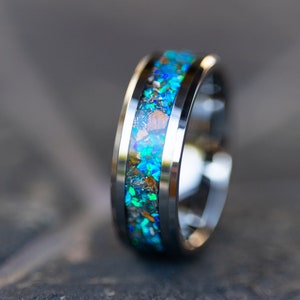 T-Rex and Meteorite Ring, Real Meteorite Ring Wedding Band Tungsten Ring Blue