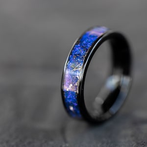 Meteorite Galaxy Ring with Star Dust, Mens Ceramic Wedding Band with Meteorite