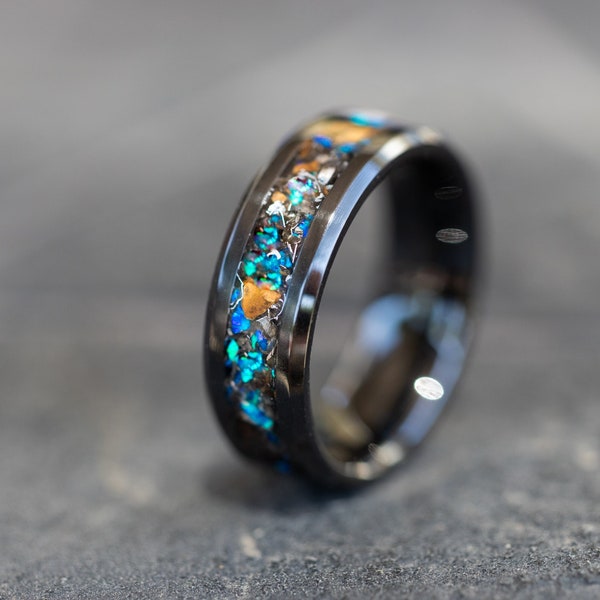 Blauwe Velociraptor Dinosaur Bone Ring en Gibeon Meteorite Ring gemaakt met Meteoriet en Dinosaur Bone, Zwarte Keramische Ring