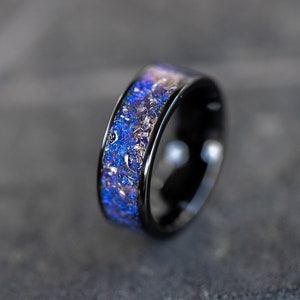 Meteorite Galaxy Ring with Star Dust, Mens Ceramic Wedding Band with Meteorite