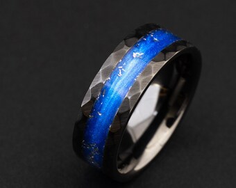 Meteorite Ring With Blue Galaxy Powder Hammered Ceramic Ring
