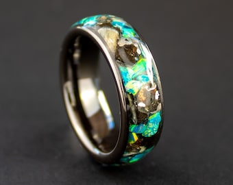 Megalodon Tooth & Meteorite Ring: Handmade Ceramic Band with Opal Inlay