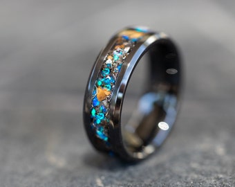 Blue Velociraptor Dinosaur Bone Ring and Gibeon Meteorite Ring made with Meteorite and Dinosaur Bone, Black Ceramic Ring