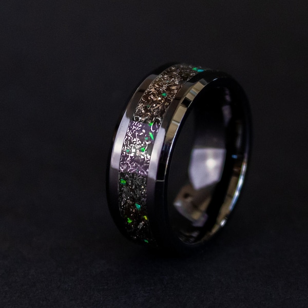 Handmade Meteorite Opal Ring: Ceramic Band, Real Campo del Cielo Meteorite