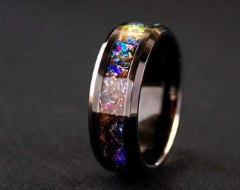 Colorful T-Rex Ring made with T-Rex fossil and Meteorite Men&#39;s Ceramic Ring