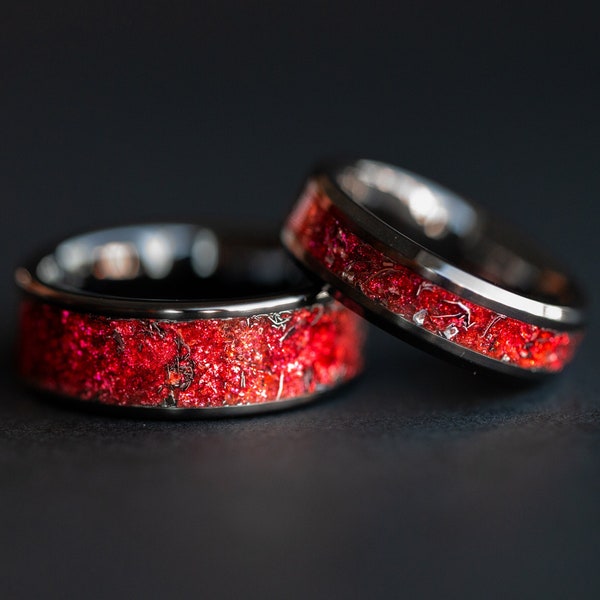 Couples Meteorite Wedding Rings Red, Red Couples Meteorite Ring Set made with real meteorite, Pair of Rings