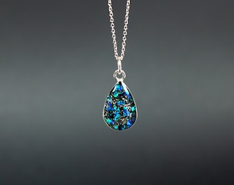 Meteorite Necklace, Real Sterling Silver Necklace with Real Meteorite Pieces - Blue