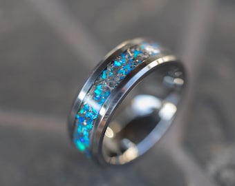 Mens Tungsten Meteorite Ring: Real Meteorite & Blue Opal Wedding Band