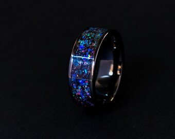 Megalodon Fossil Ring: Colorful Opal Inlay, Glow Band