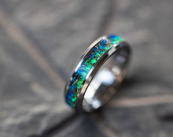 Handmade Meteorite Tungsten Ring: Blue Green Opal Inlay