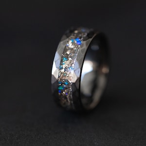 Meteorite Ring, Meteorite Opal Ring, Blue Meteorite Ring, Hammered Texture Mens Ceramic Ring
