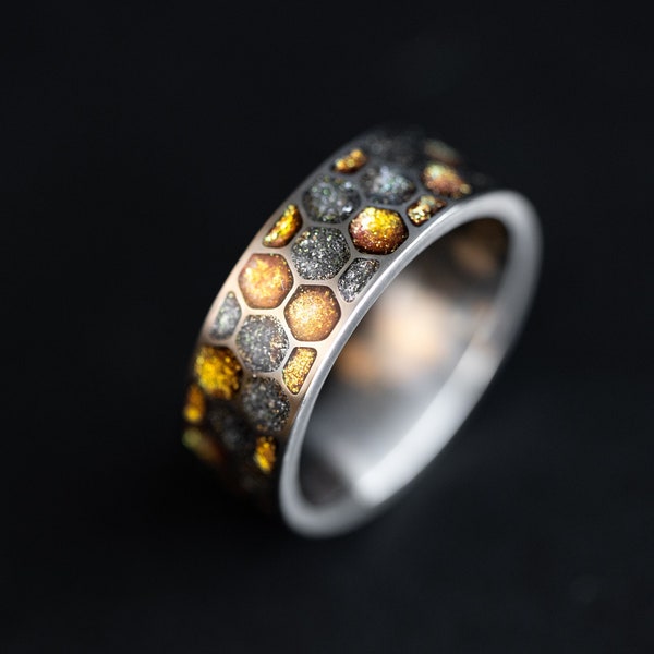 Titanium Meteorite Ring, Mens Meteorite Ring with 24K Gold Bee Themed Ring