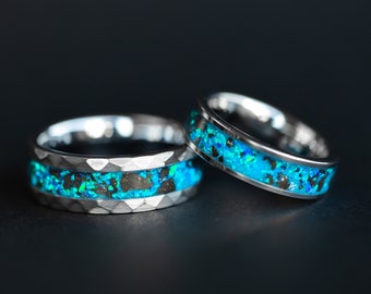 Couples Tungsten Wedding Bands: Megalodon Tooth & Blue Opal Inlay
