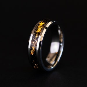 Tungsten Meteorite Ring: 24K Gold Flake Inlay, Space Jewelry