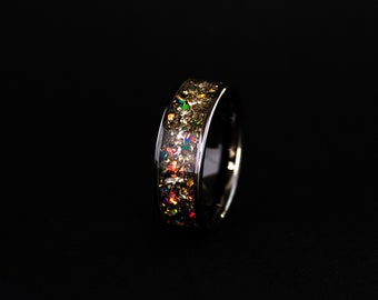 Gibeon Meteorite and Opal Ring: Handmade Ceramic Wedding Band