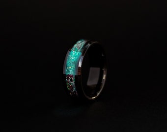 Megalodon Tooth Ring: Meteorite, Opal & Teal Glow Ceramic Band